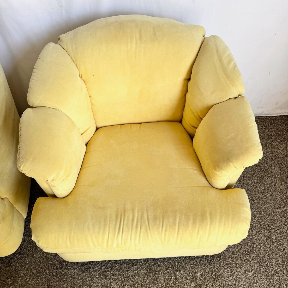 Vintage Postmodern Yellow Fabric Swivel Chairs - Pair - Dolphin & Flamingo