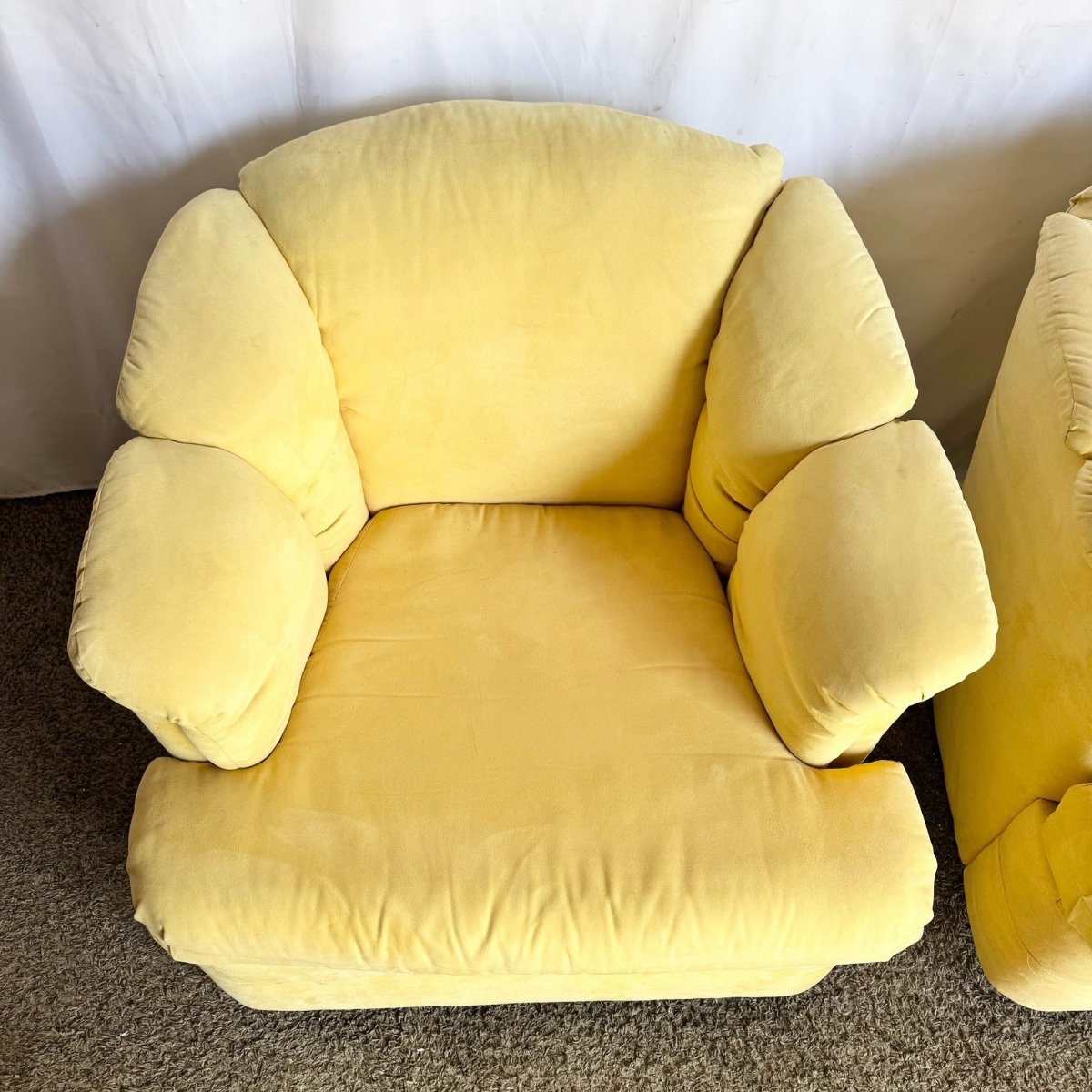Vintage Postmodern Yellow Fabric Swivel Chairs - Pair - Dolphin & Flamingo