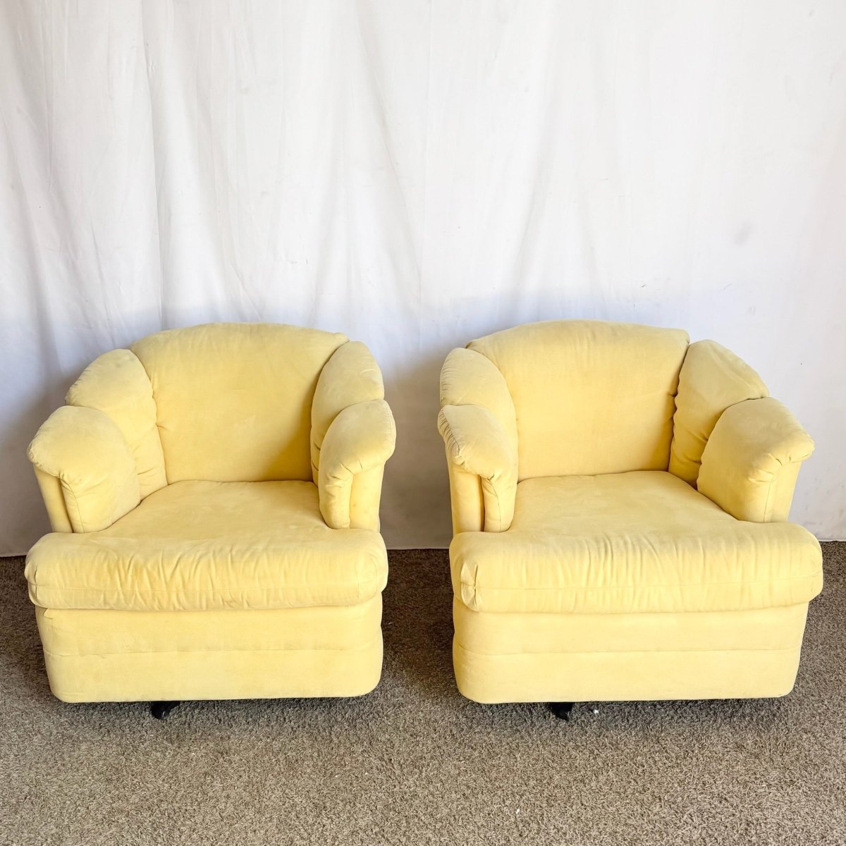 Vintage Postmodern Yellow Fabric Swivel Chairs - Pair - Dolphin & Flamingo