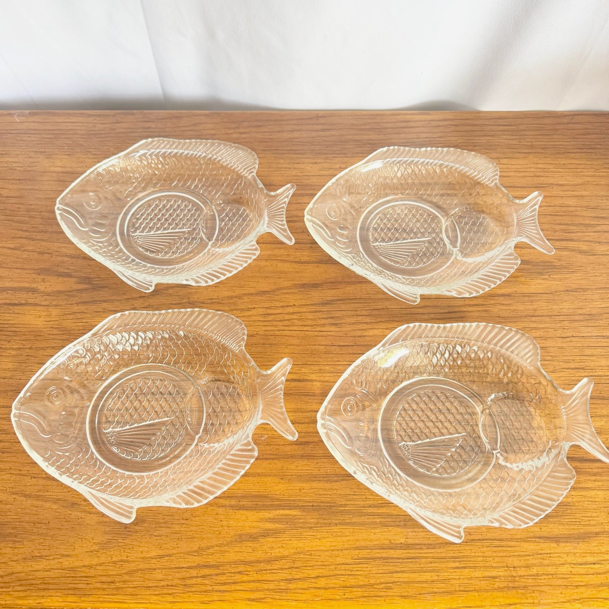Vintage Pressed Glass Fish Plates - Set of 4 - Dolphin & Flamingo