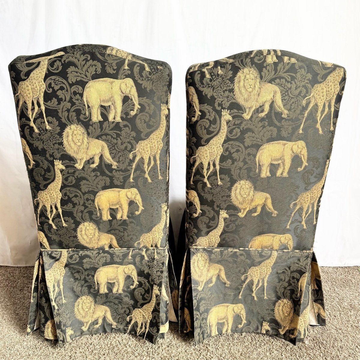 Vintage Regency Black and Gold Animals Skirted Parsons Dining Chairs - Set of 4 - Dolphin & Flamingo
