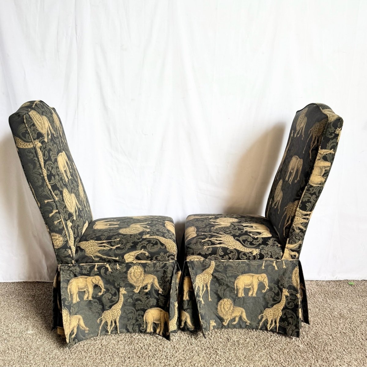 Vintage Regency Black and Gold Animals Skirted Parsons Dining Chairs - Set of 4 - Dolphin & Flamingo