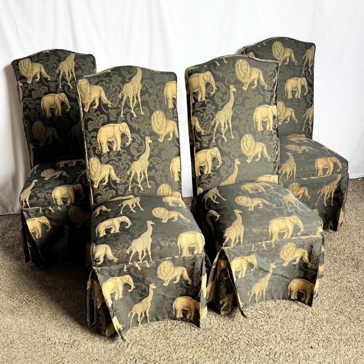 Vintage Regency Black and Gold Animals Skirted Parsons Dining Chairs - Set of 4 - Dolphin & Flamingo
