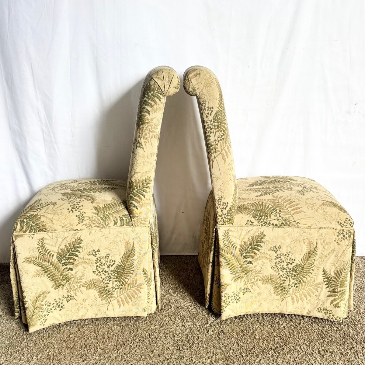 Vintage Regency Boho Green Foliage Skirted Parsons Dining Chairs - Set of 4 - Dolphin & Flamingo