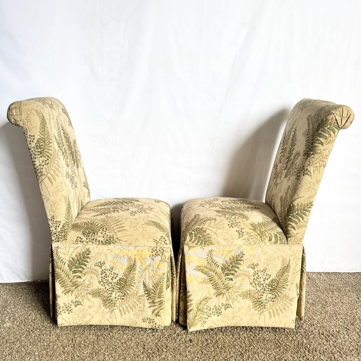 Vintage Regency Boho Green Foliage Skirted Parsons Dining Chairs - Set of 4 - Dolphin & Flamingo