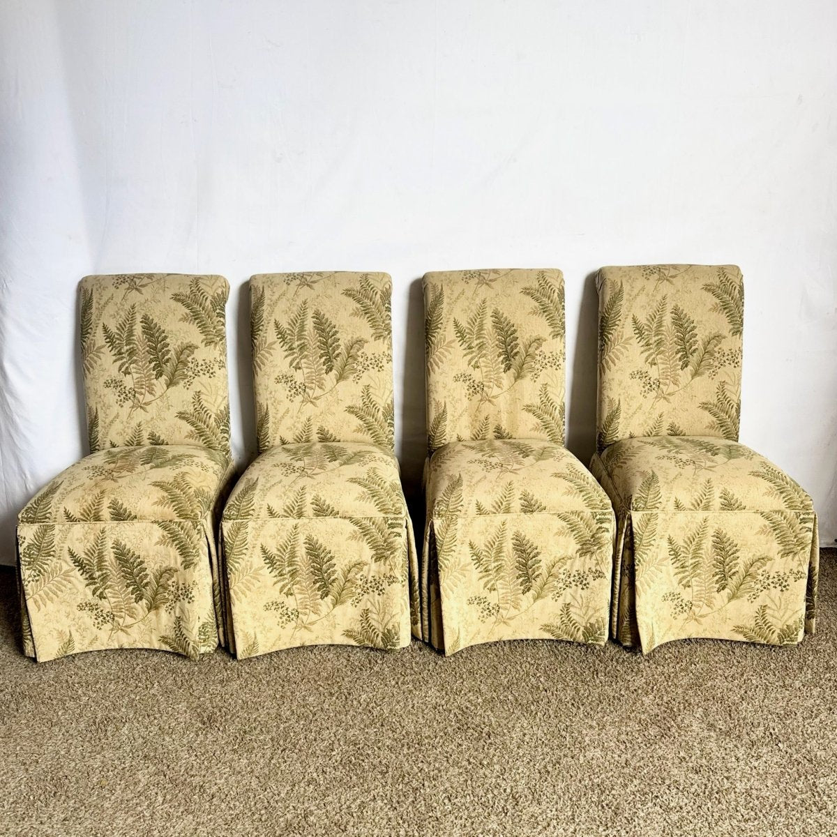Vintage Regency Boho Green Foliage Skirted Parsons Dining Chairs - Set of 4 - Dolphin & Flamingo