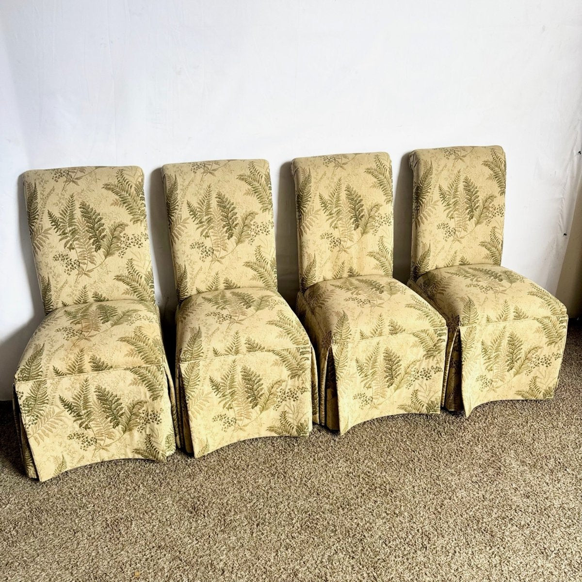 Vintage Regency Boho Green Foliage Skirted Parsons Dining Chairs - Set of 4 - Dolphin & Flamingo