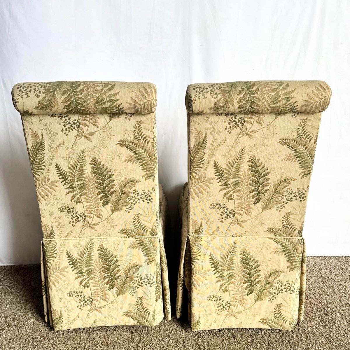 Vintage Regency Boho Green Foliage Skirted Parsons Dining Chairs - Set of 4 - Dolphin & Flamingo