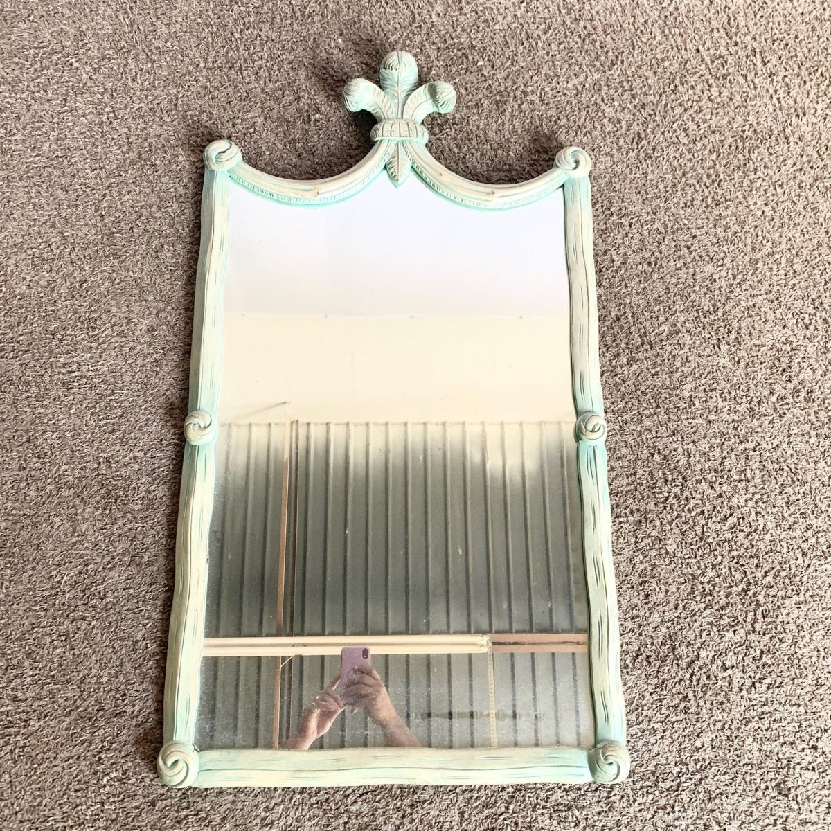 Vintage Regency Painted Green Wooden Mirror - Dolphin & Flamingo