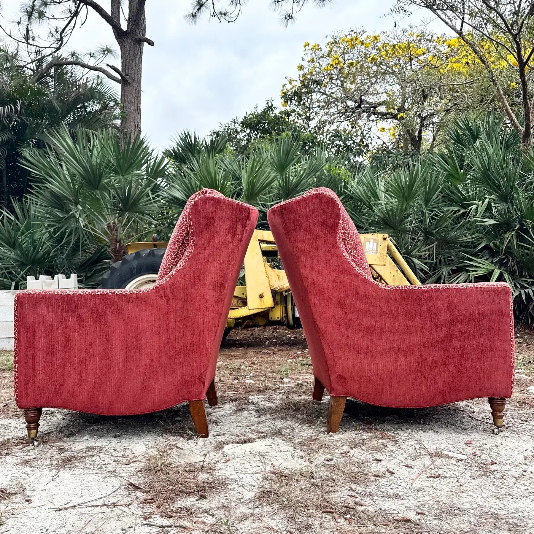 Vintage Regency Red Leopard Print Lounge Chairs by Sherrill Furniture Dolphin & Flamingo