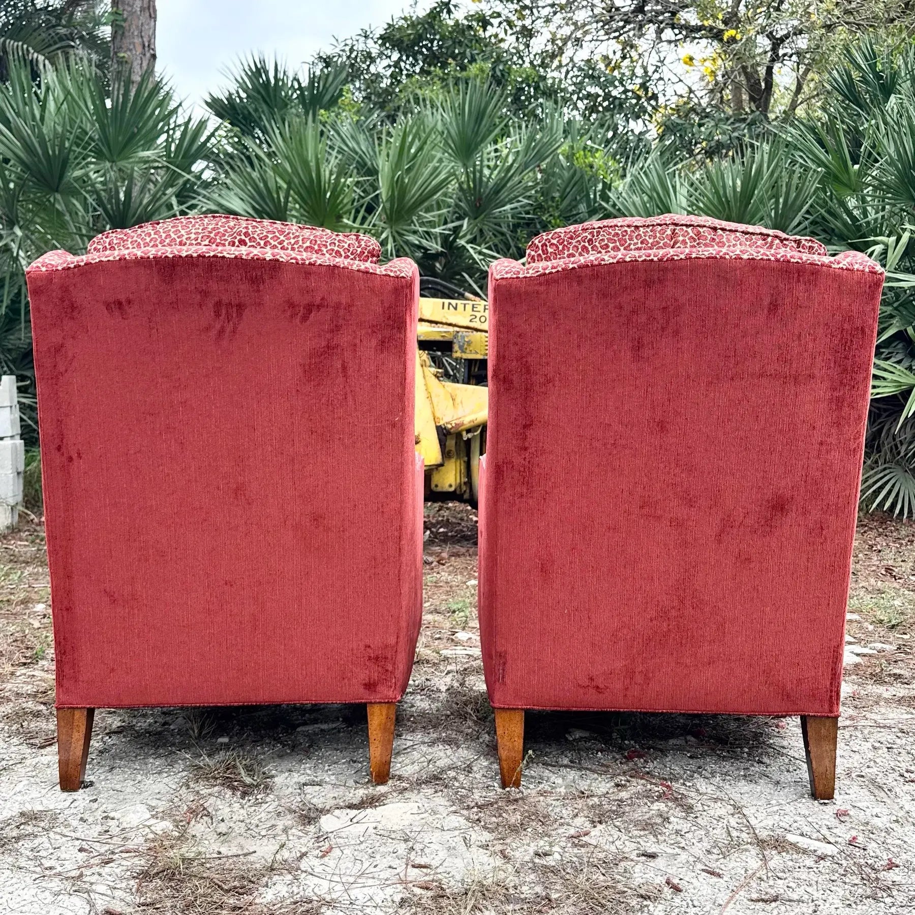 Vintage Regency Red Leopard Print Lounge Chairs by Sherrill Furniture Dolphin & Flamingo