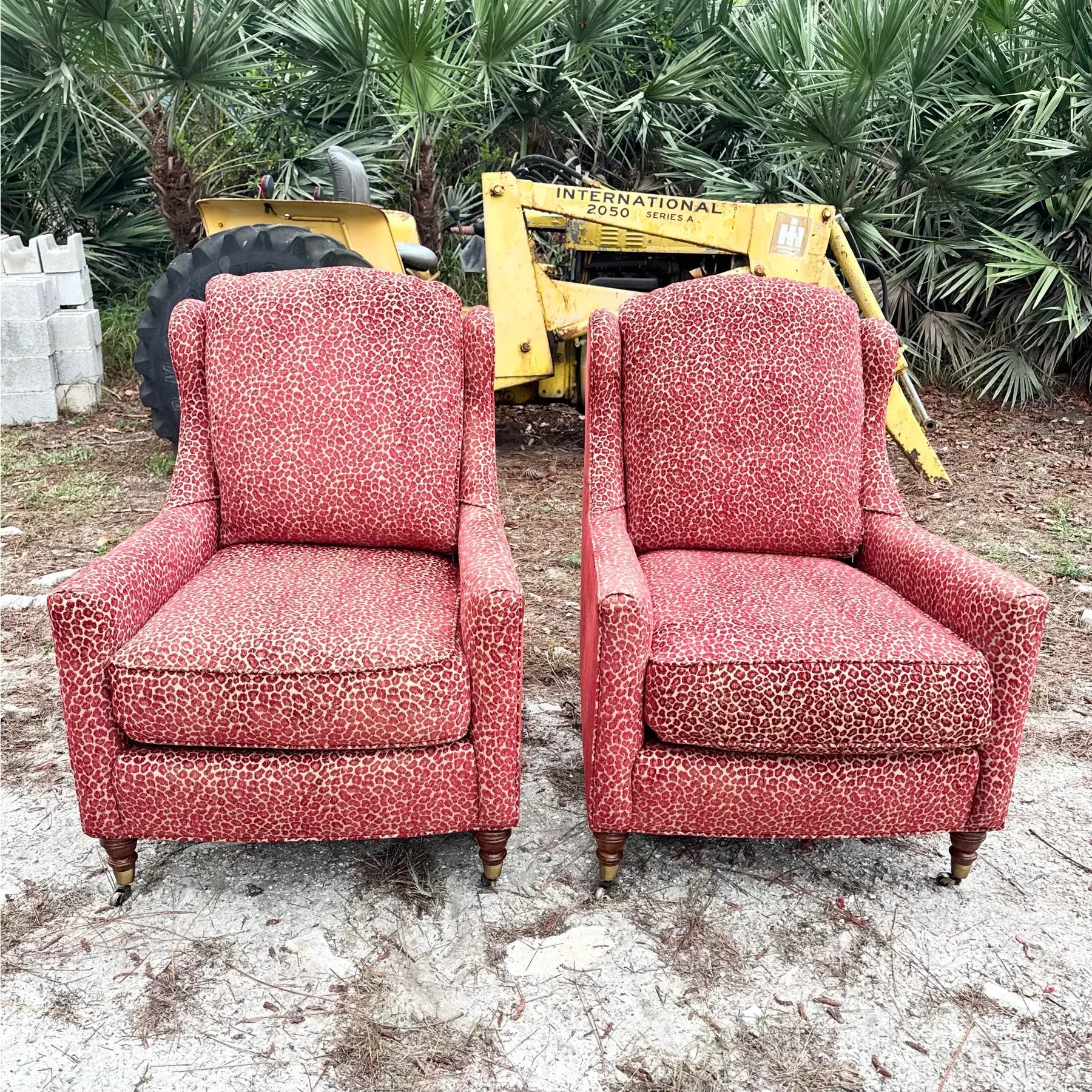 Vintage Regency Red Leopard Print Lounge Chairs by Sherrill Furniture Dolphin & Flamingo