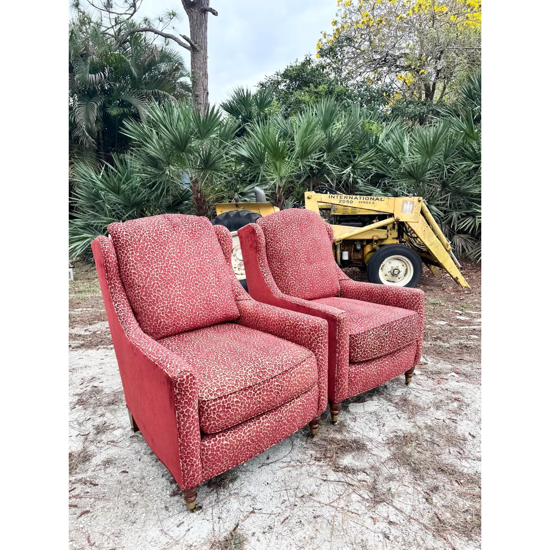 Vintage Regency Red Leopard Print Lounge Chairs by Sherrill Furniture Dolphin & Flamingo
