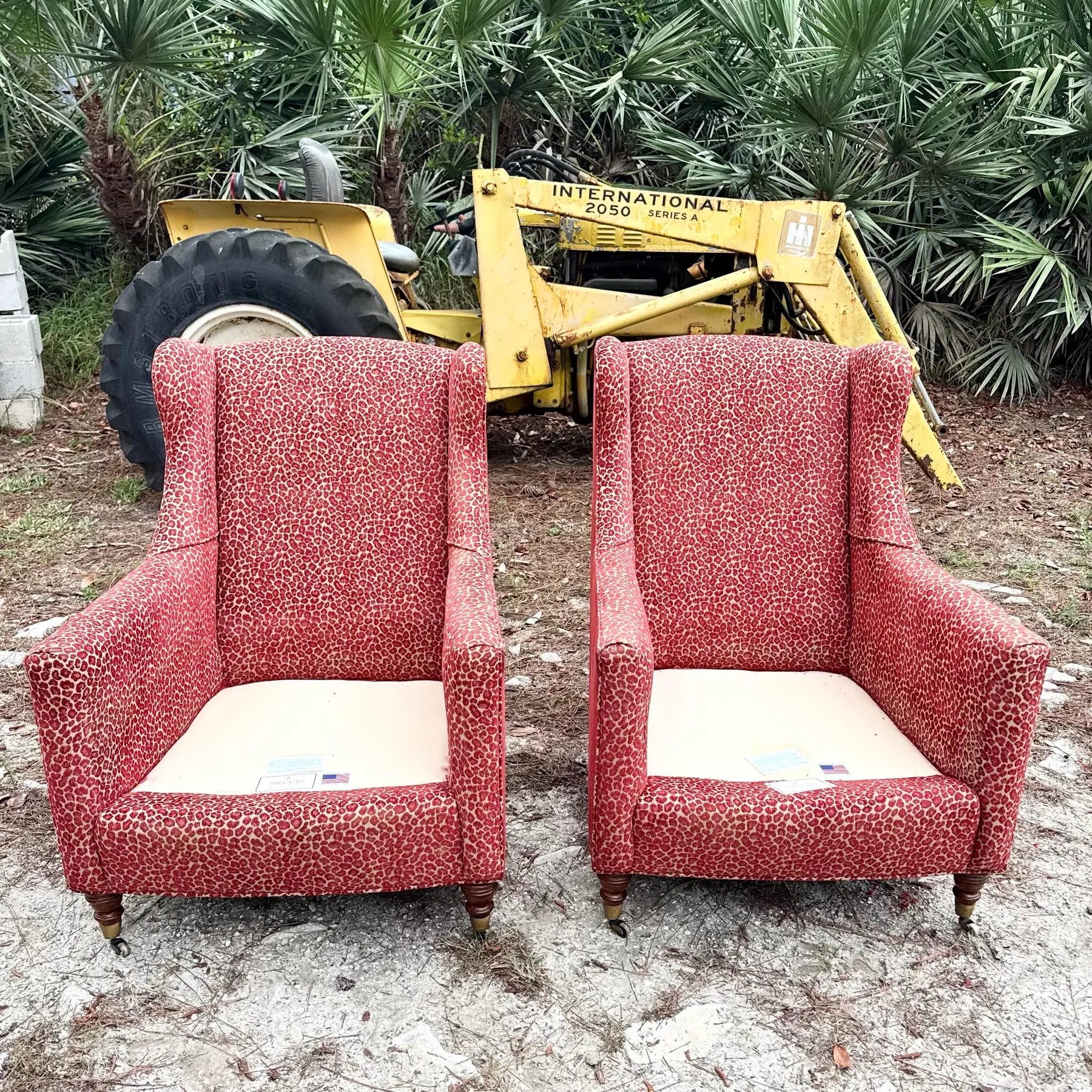 Vintage Regency Red Leopard Print Lounge Chairs by Sherrill Furniture Dolphin & Flamingo