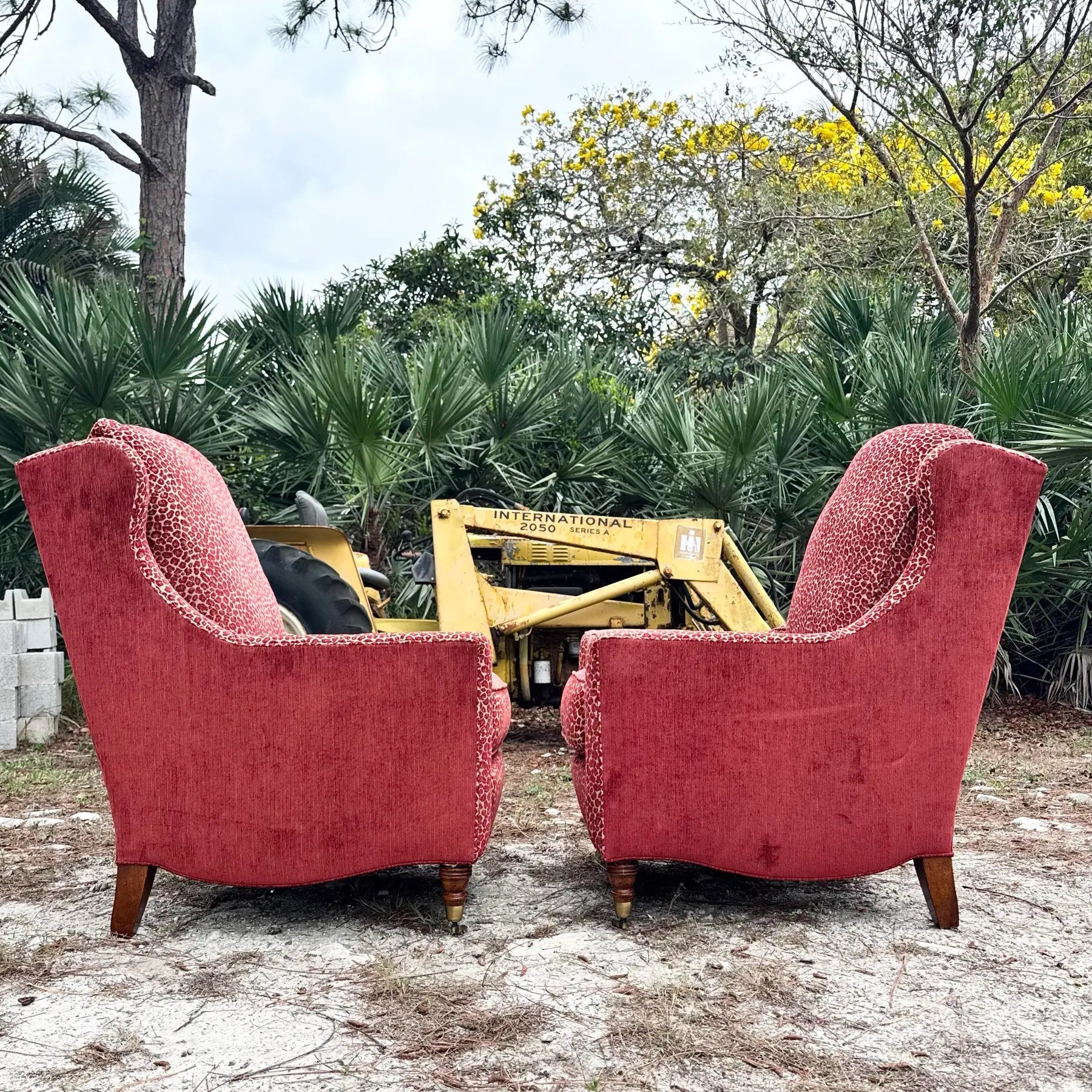 Vintage Regency Red Leopard Print Lounge Chairs by Sherrill Furniture Dolphin & Flamingo