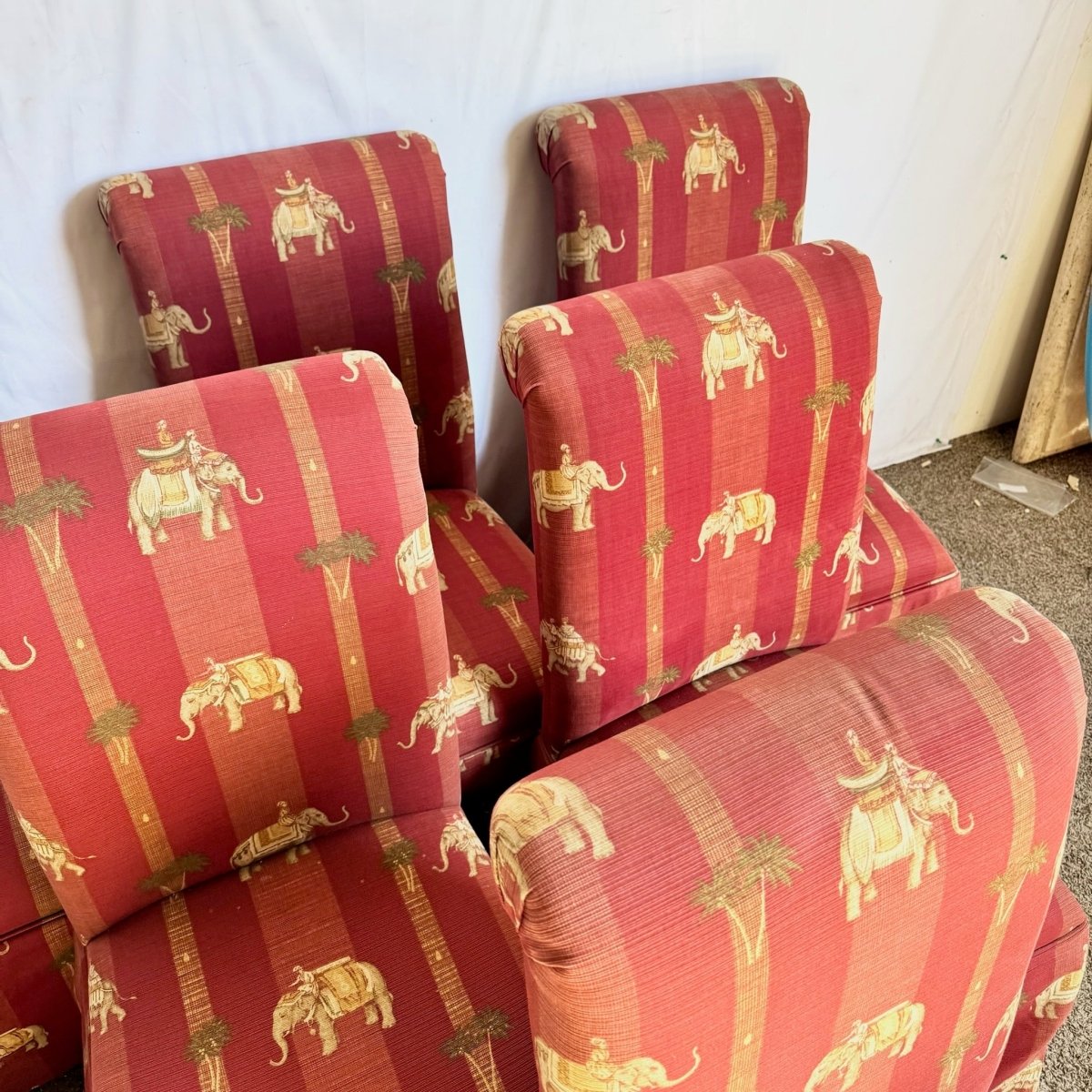 Vintage Regency Red Skirted Elephant Parsons Dining Chairs - Set of 6 - Dolphin & Flamingo