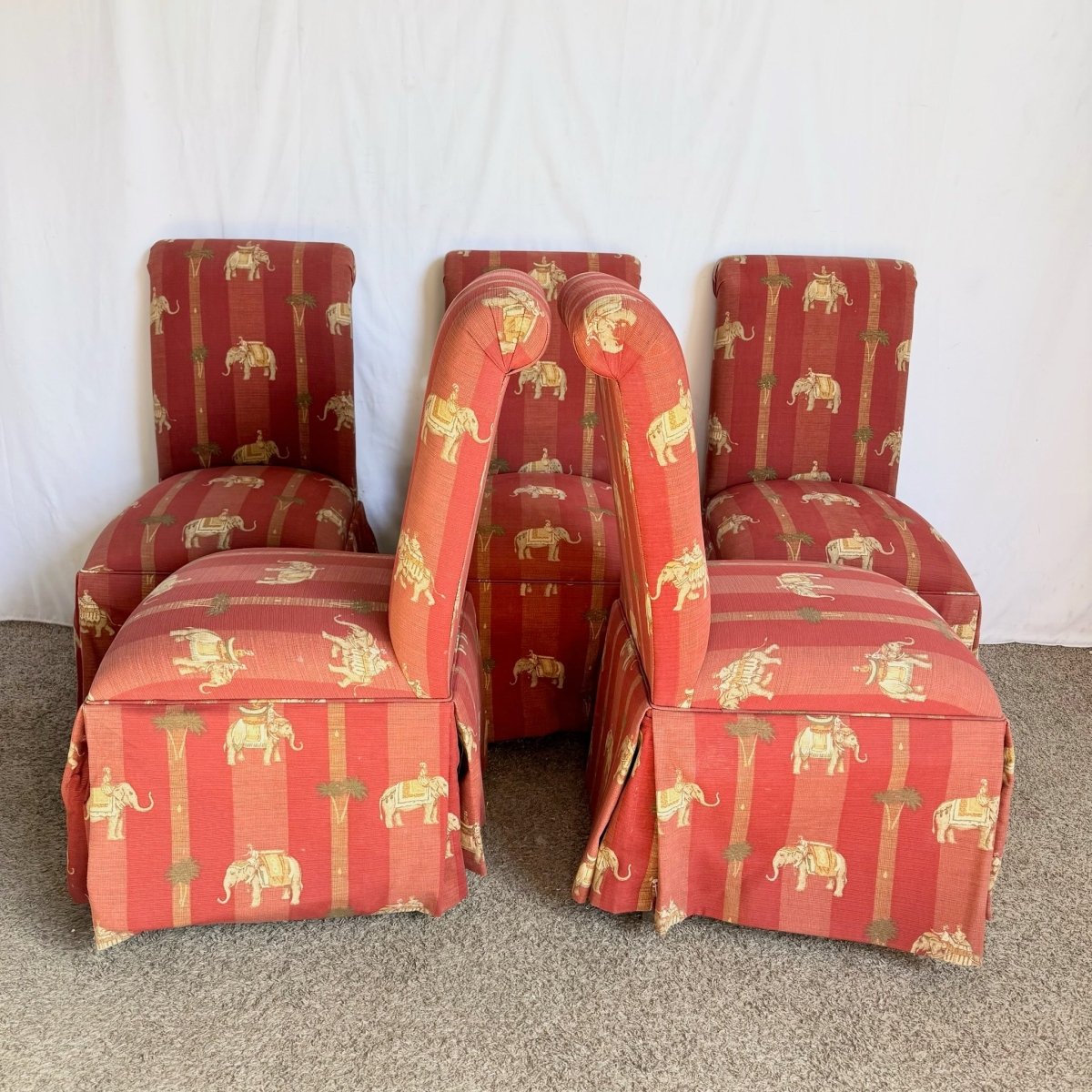 Vintage Regency Red Skirted Elephant Parsons Dining Chairs - Set of 6 - Dolphin & Flamingo