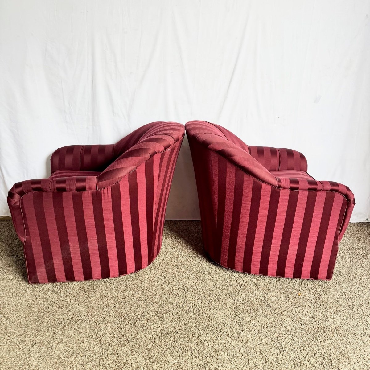 Vintage Regency Red Striped Swivel Lounge Chairs by Ethan Allen - A Pair - Dolphin & Flamingo