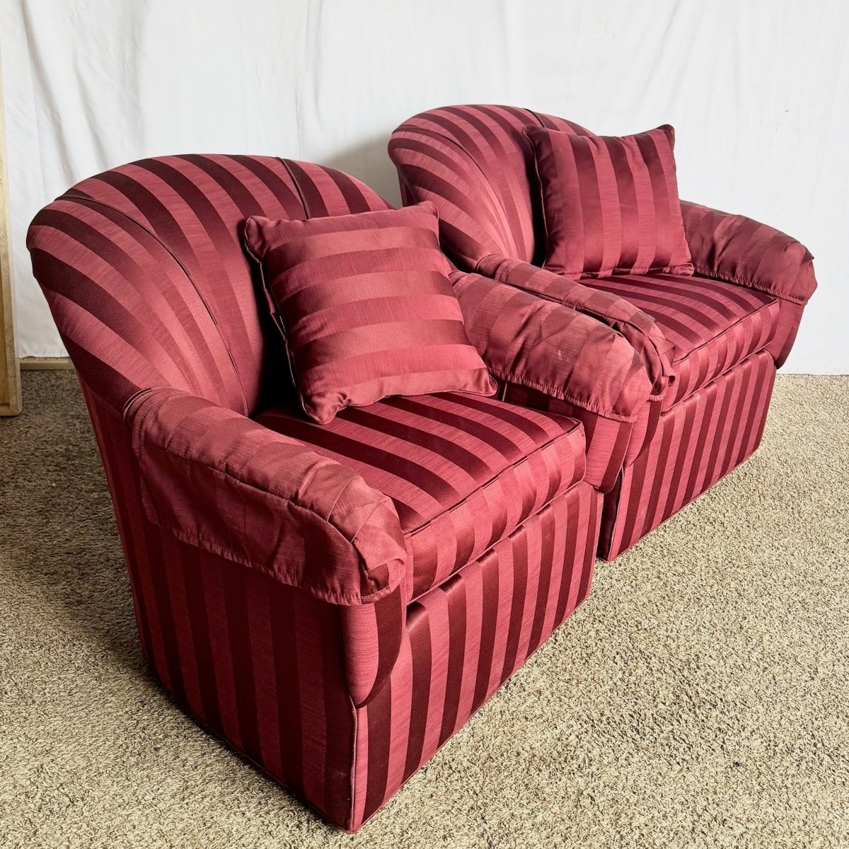 Vintage Regency Red Striped Swivel Lounge Chairs by Ethan Allen - A Pair - Dolphin & Flamingo