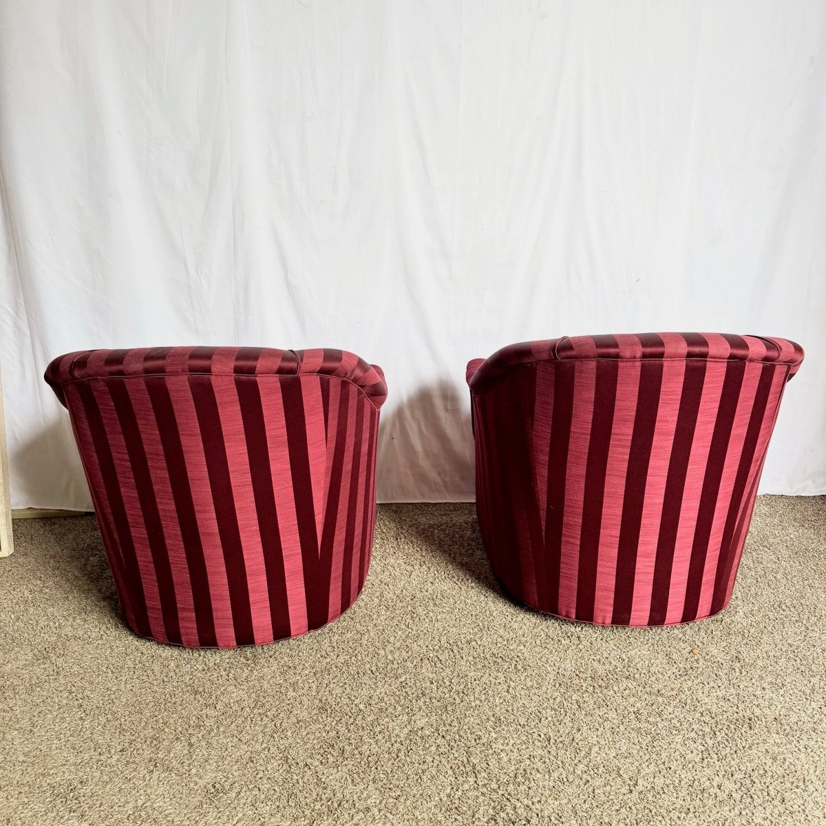 Vintage Regency Red Striped Swivel Lounge Chairs by Ethan Allen - A Pair - Dolphin & Flamingo