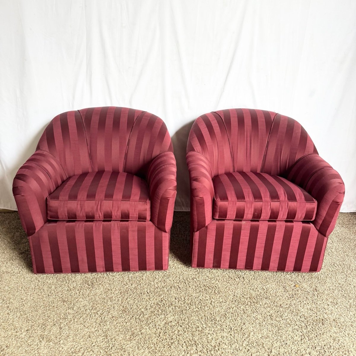 Vintage Regency Red Striped Swivel Lounge Chairs by Ethan Allen - A Pair - Dolphin & Flamingo