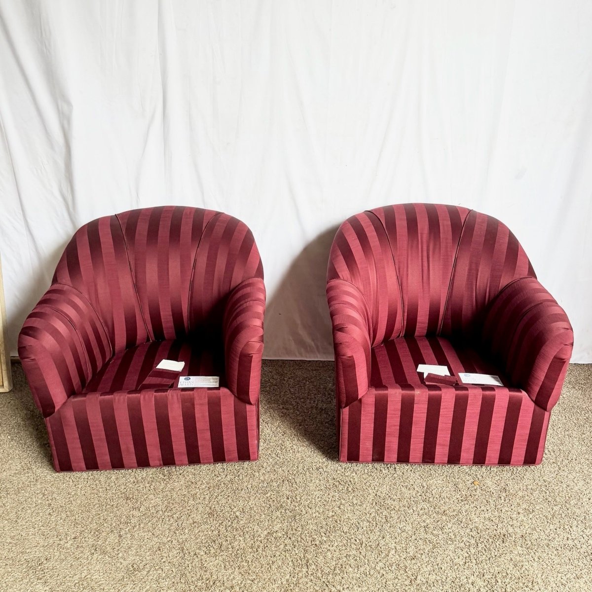Vintage Regency Red Striped Swivel Lounge Chairs by Ethan Allen - A Pair - Dolphin & Flamingo
