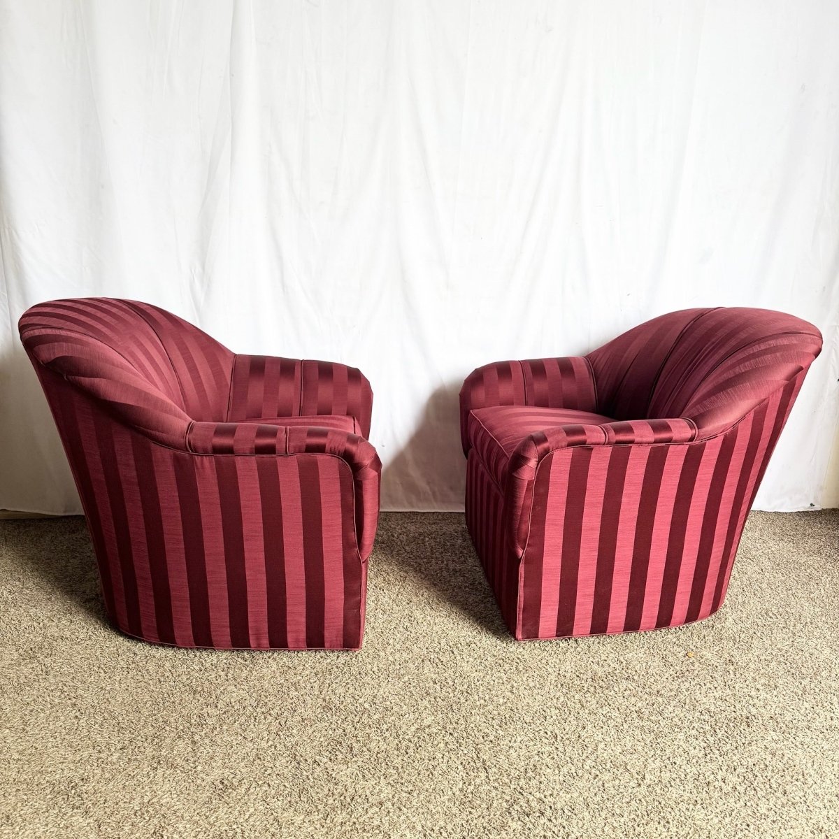 Vintage Regency Red Striped Swivel Lounge Chairs by Ethan Allen - A Pair - Dolphin & Flamingo