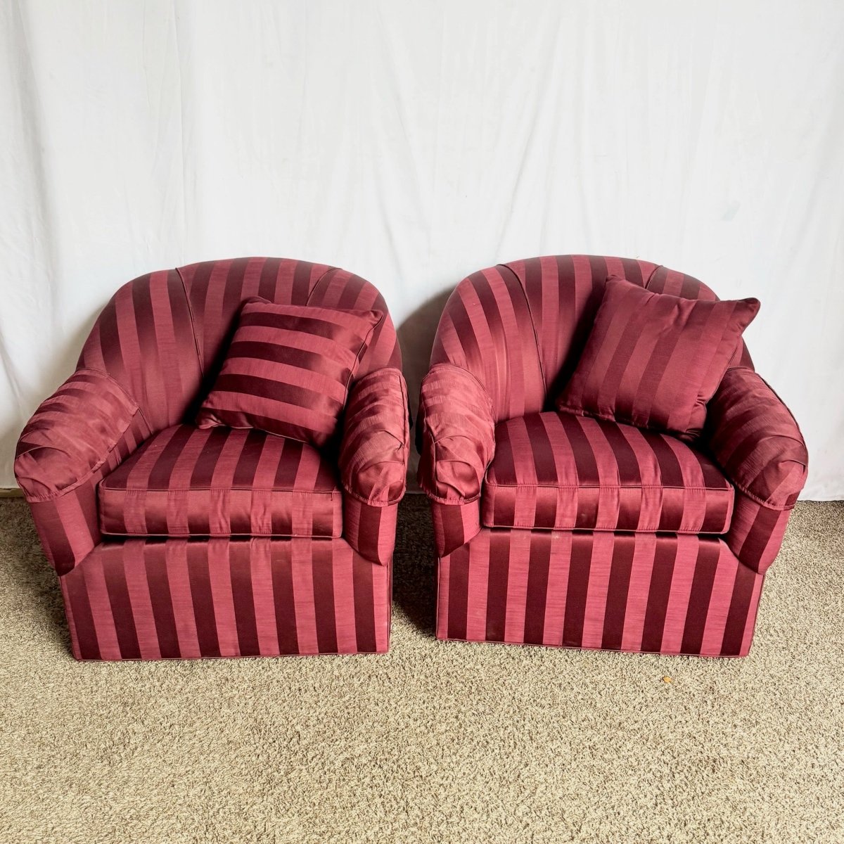 Vintage Regency Red Striped Swivel Lounge Chairs by Ethan Allen - A Pair - Dolphin & Flamingo