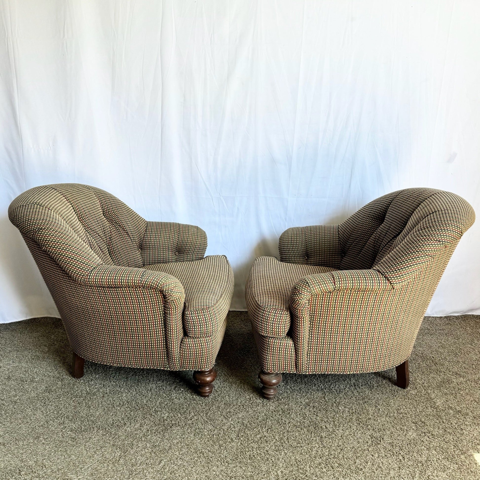 Vintage Regency Tufted Red Blue and Tan Lounge Chairs by Sherrill - A Pair - Dolphin & Flamingo
