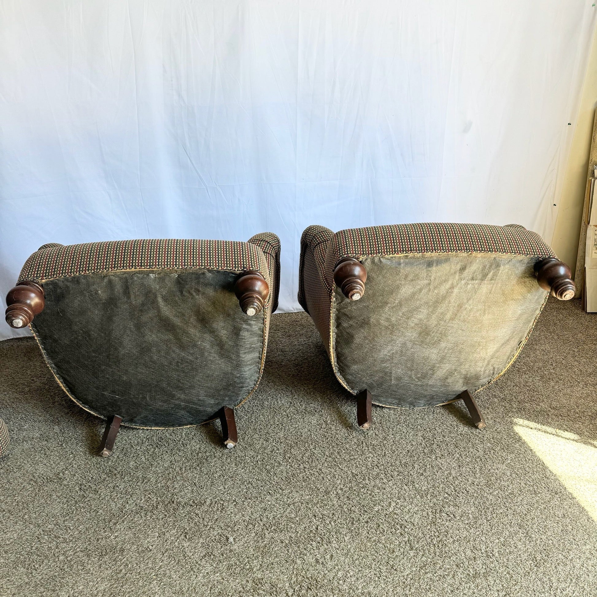 Vintage Regency Tufted Red Blue and Tan Lounge Chairs by Sherrill - A Pair - Dolphin & Flamingo