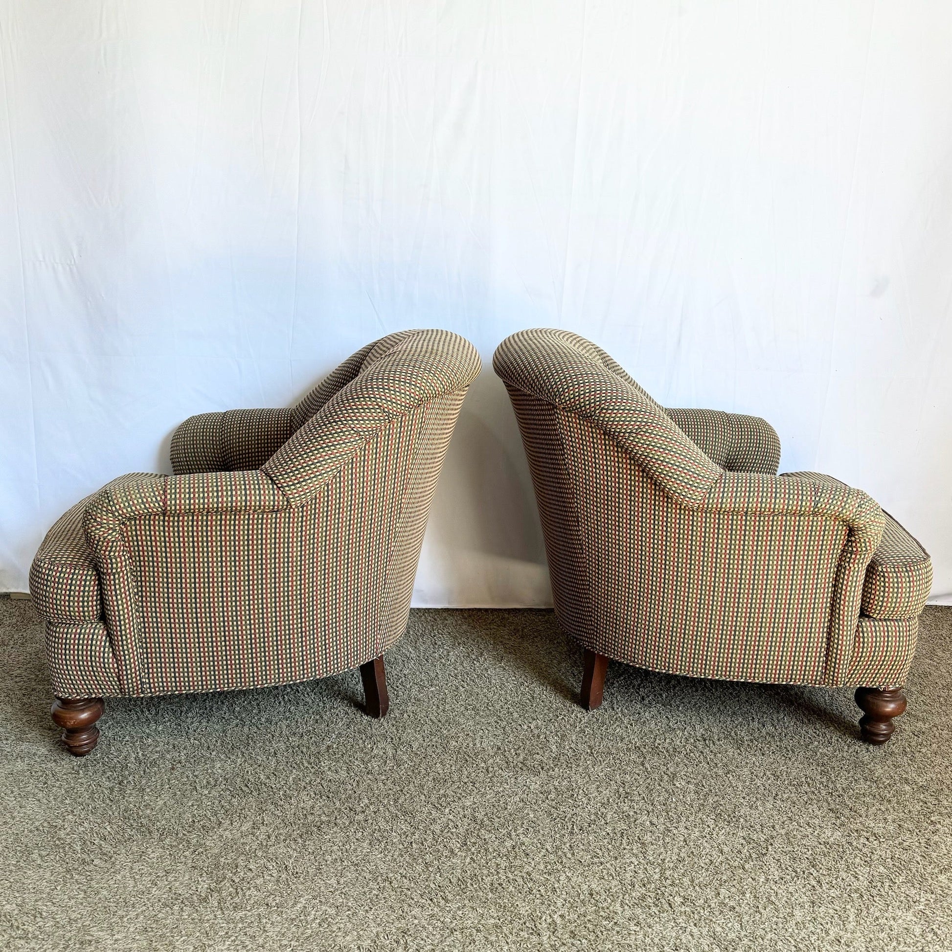 Vintage Regency Tufted Red Blue and Tan Lounge Chairs by Sherrill - A Pair - Dolphin & Flamingo