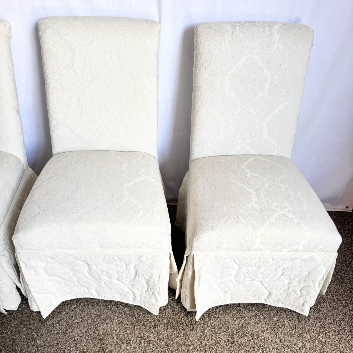 Vintage Regency White Skirted Parsons Dining Chairs - Set of 4 - Dolphin & Flamingo