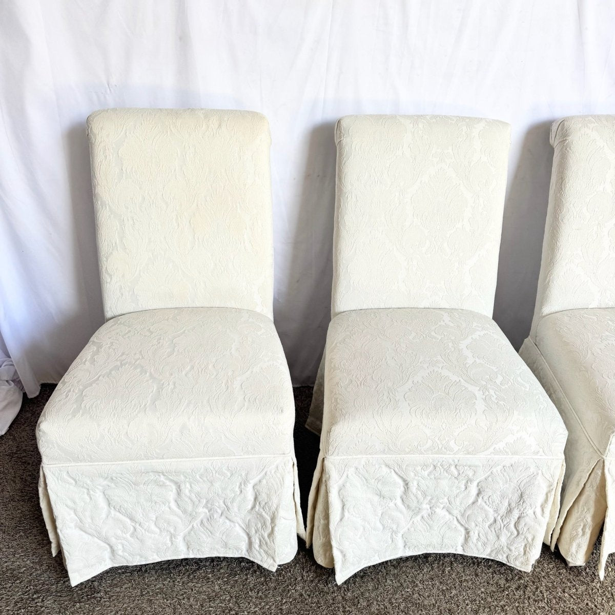 Vintage Regency White Skirted Parsons Dining Chairs - Set of 4 - Dolphin & Flamingo