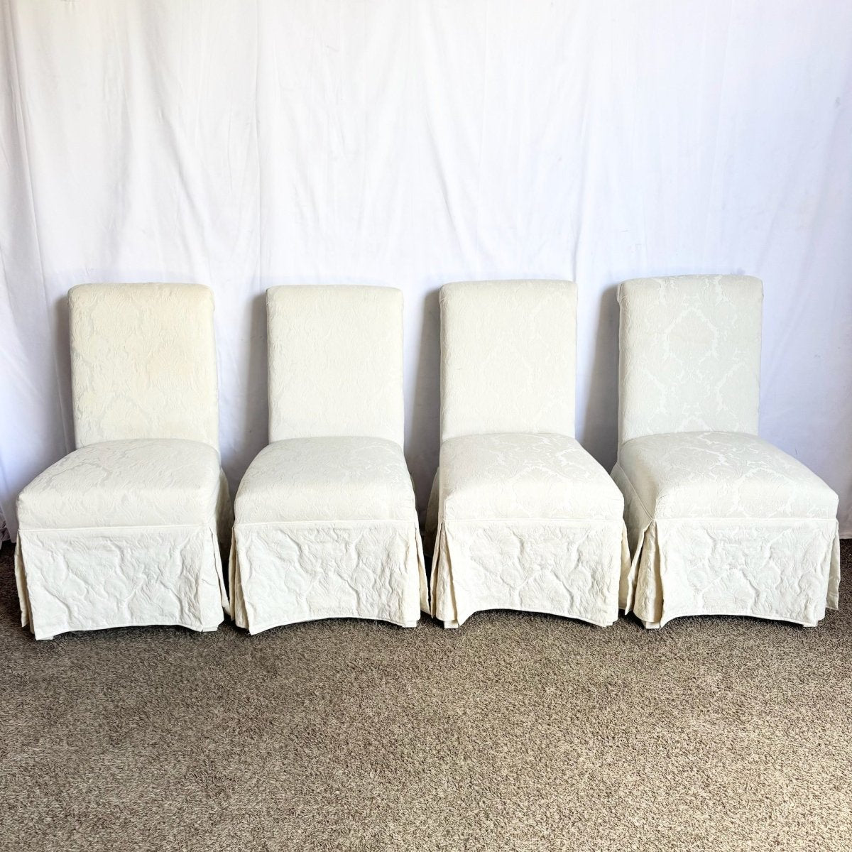 Vintage Regency White Skirted Parsons Dining Chairs - Set of 4 - Dolphin & Flamingo