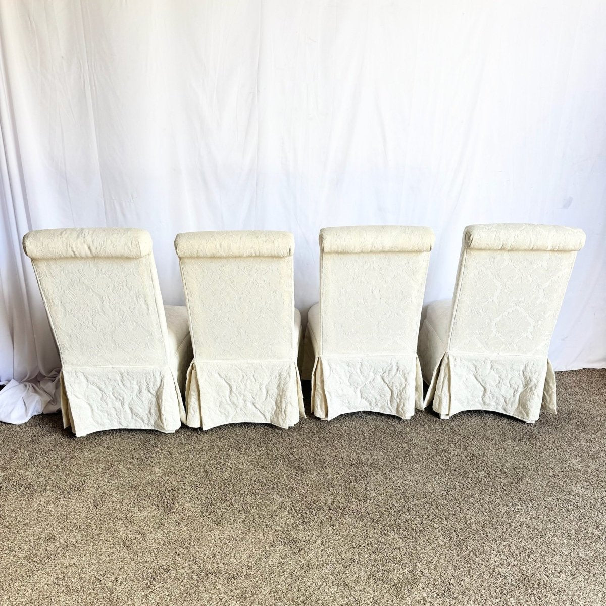 Vintage Regency White Skirted Parsons Dining Chairs - Set of 4 - Dolphin & Flamingo