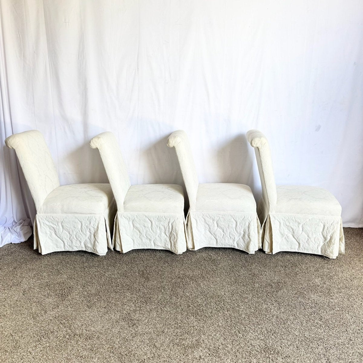 Vintage Regency White Skirted Parsons Dining Chairs - Set of 4 - Dolphin & Flamingo