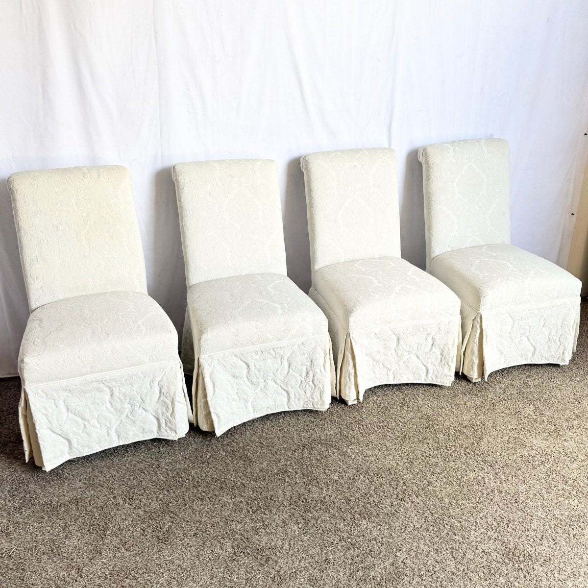 Vintage Regency White Skirted Parsons Dining Chairs - Set of 4 - Dolphin & Flamingo
