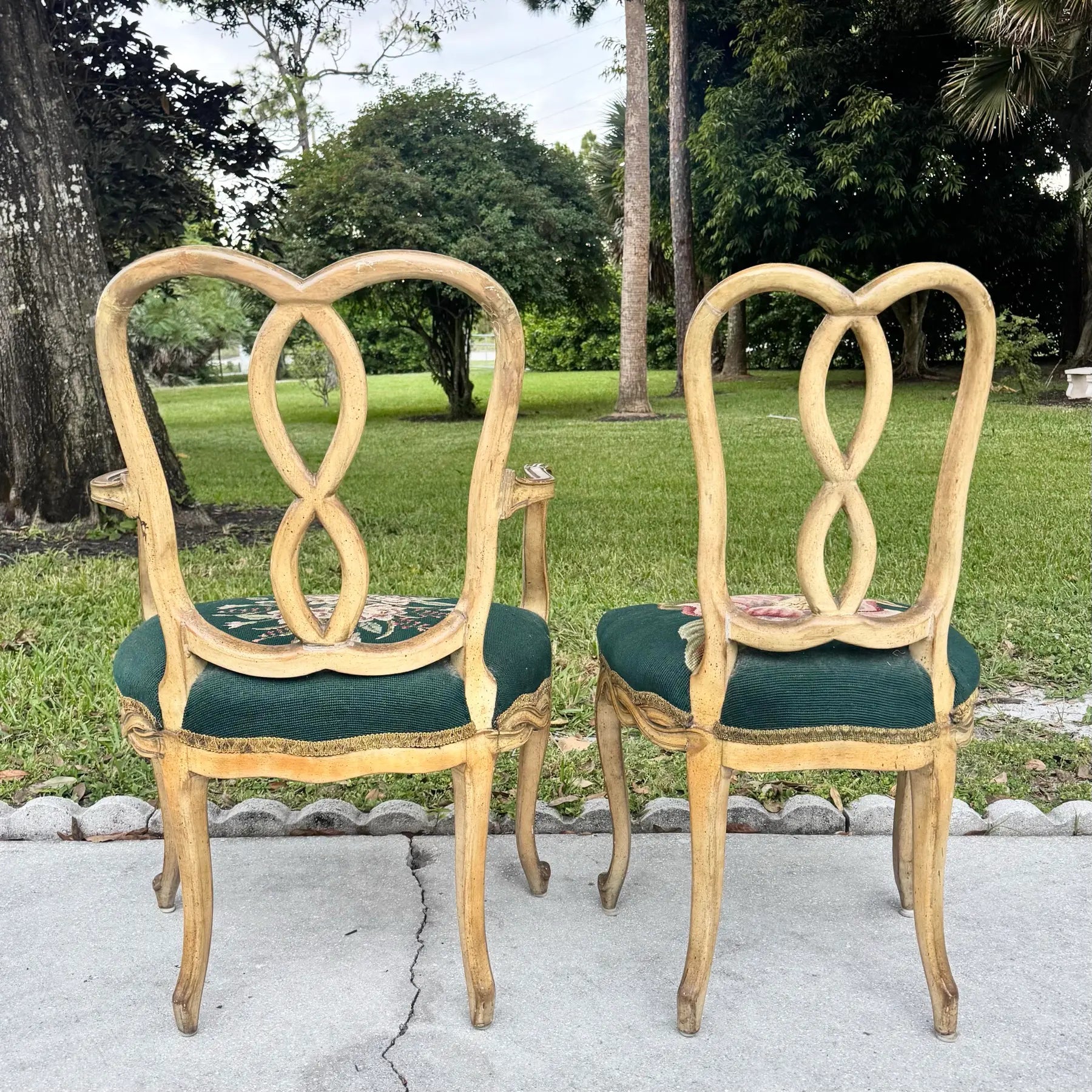 Vintage Rococo Style Wooden Floral Needlepoint Dining Chairs - Set of 5