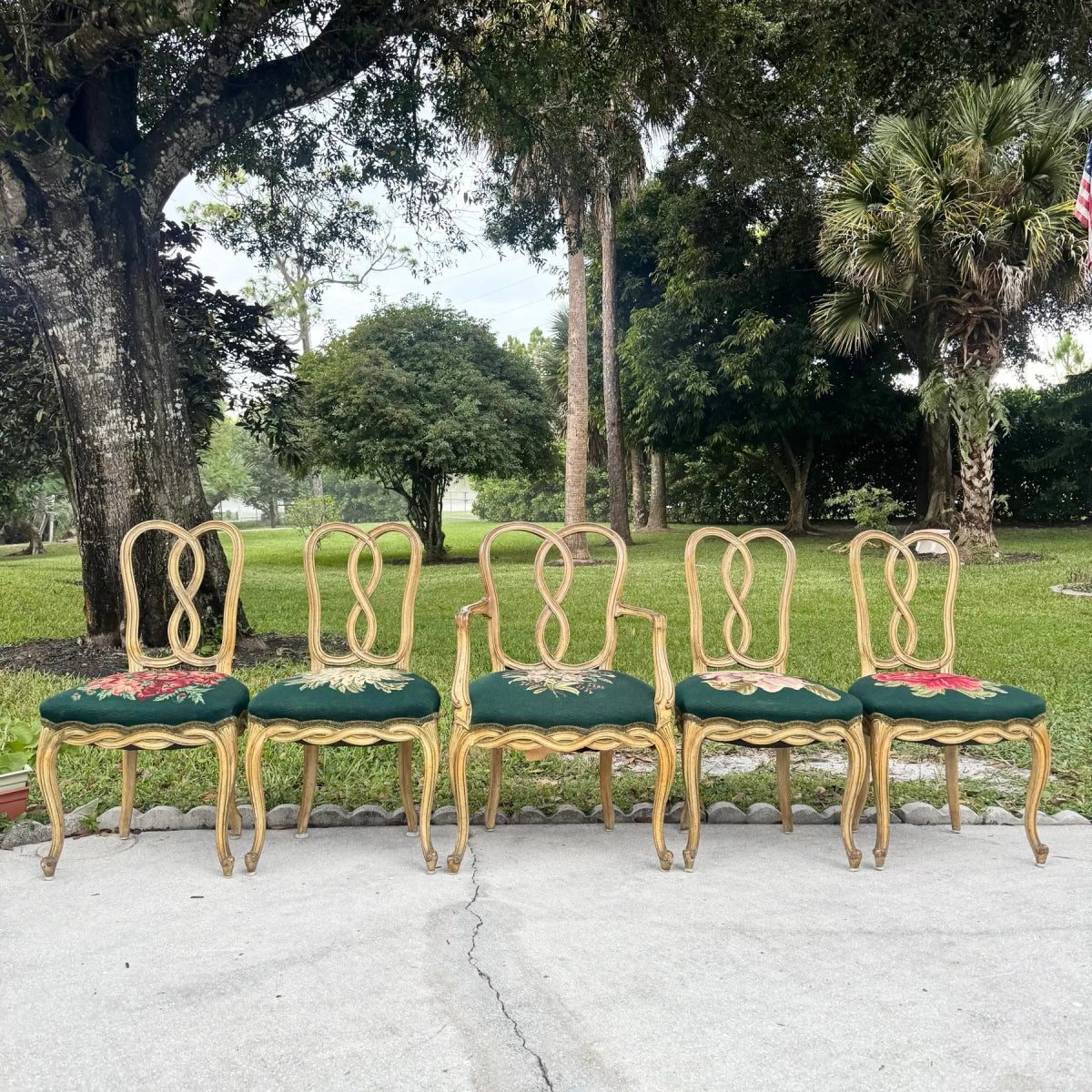 Vintage Rococo Style Wooden Floral Needlepoint Dining Chairs - Set of 5 - Dolphin & Flamingo