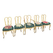 Vintage Rococo Style Wooden Floral Needlepoint Dining Chairs - Set of 5