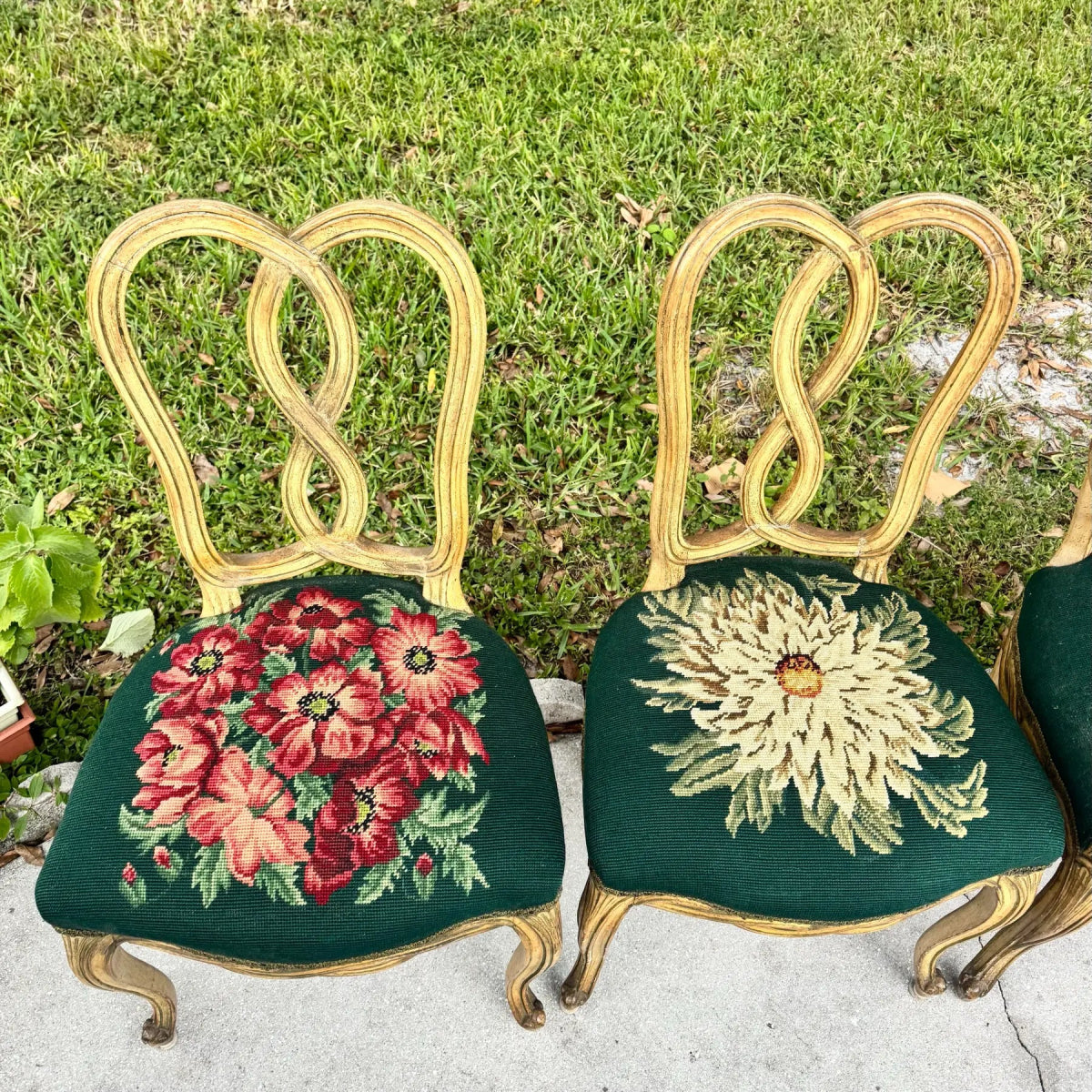 Vintage Rococo Style Wooden Floral Needlepoint Dining Chairs - Set of 5 - Dolphin & Flamingo