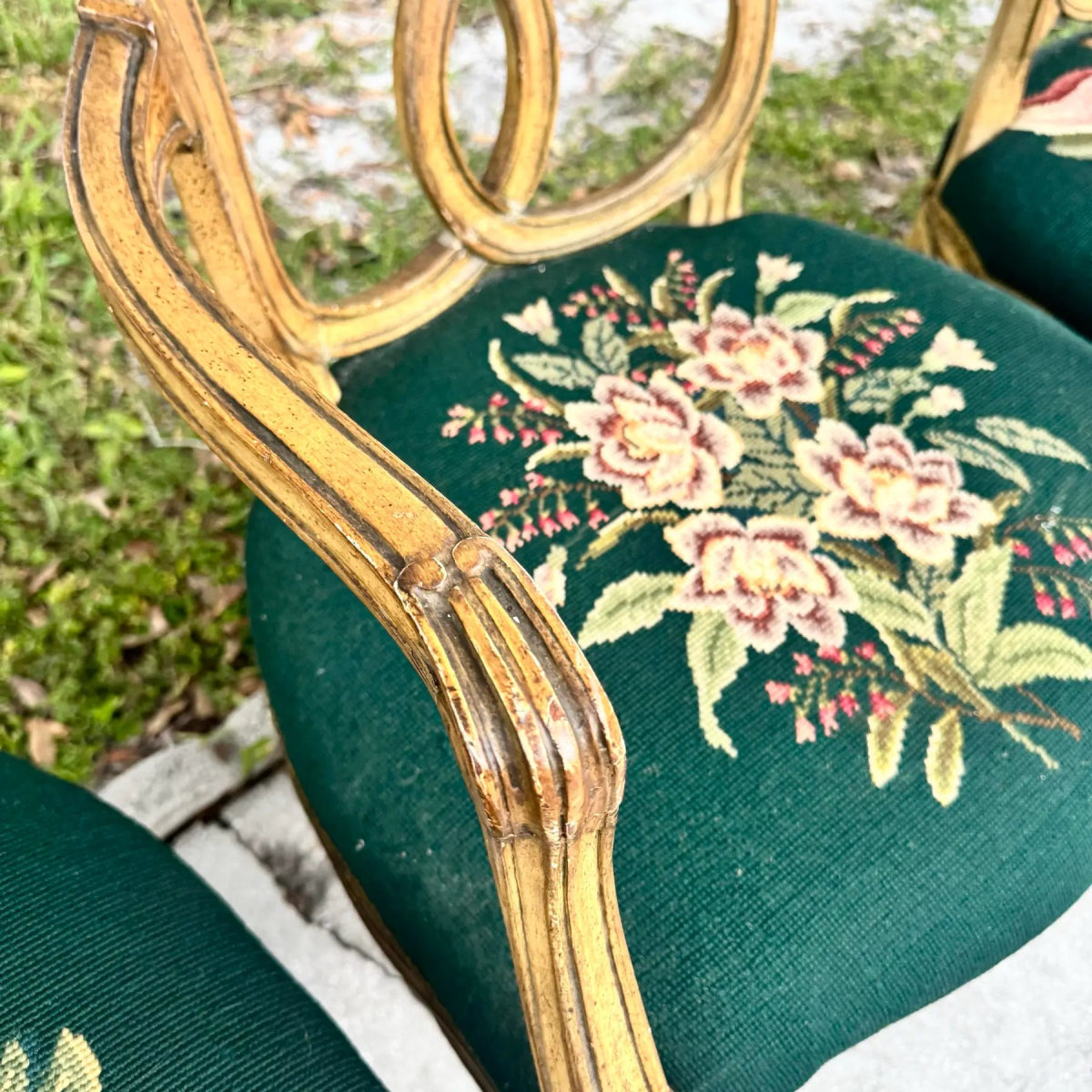 Vintage Rococo Style Wooden Floral Needlepoint Dining Chairs - Set of 5 - Dolphin & Flamingo