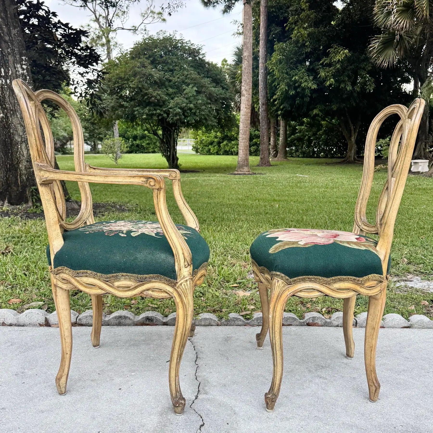 Vintage Rococo Style Wooden Floral Needlepoint Dining Chairs - Set of 5