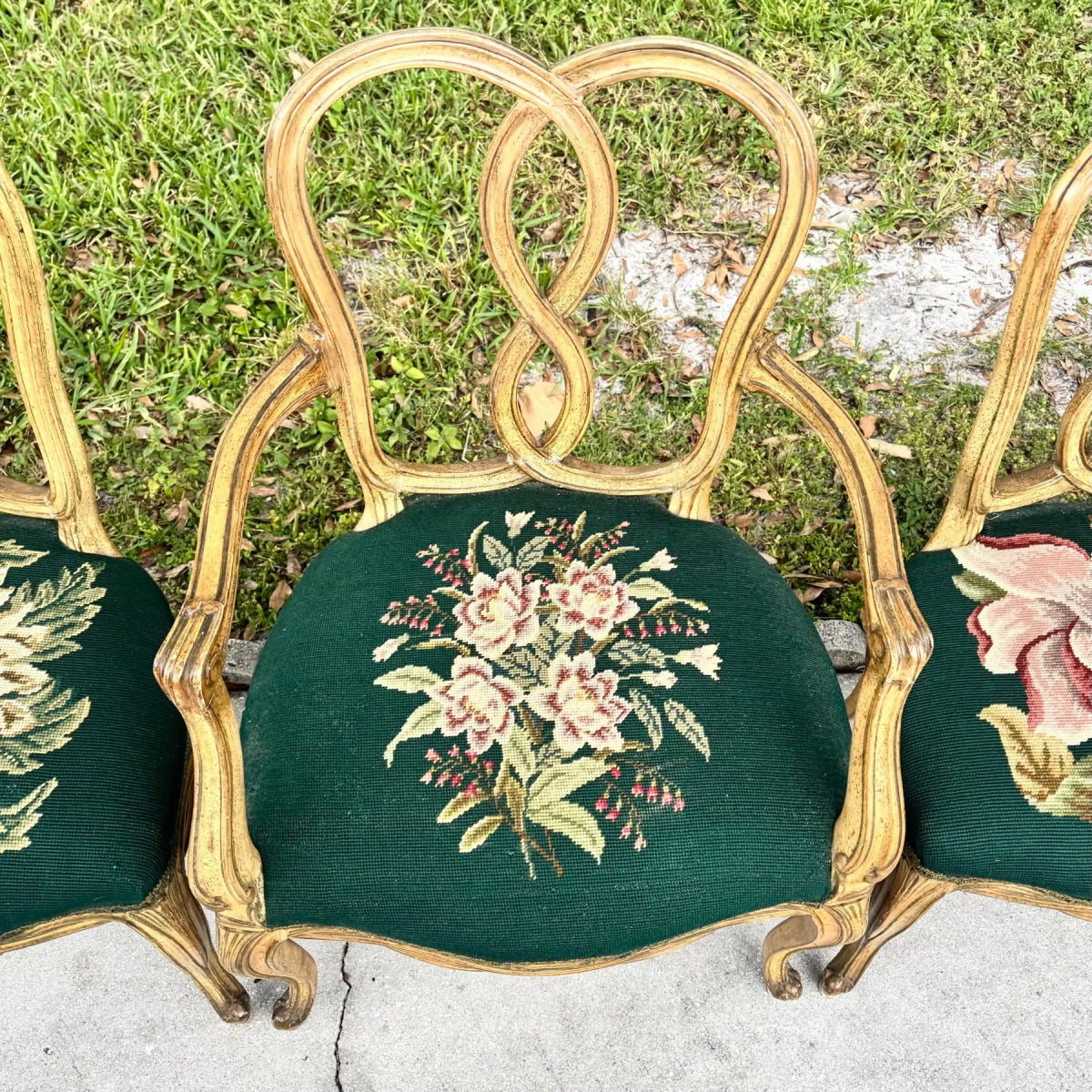 Vintage Rococo Style Wooden Floral Needlepoint Dining Chairs - Set of 5 - Dolphin & Flamingo