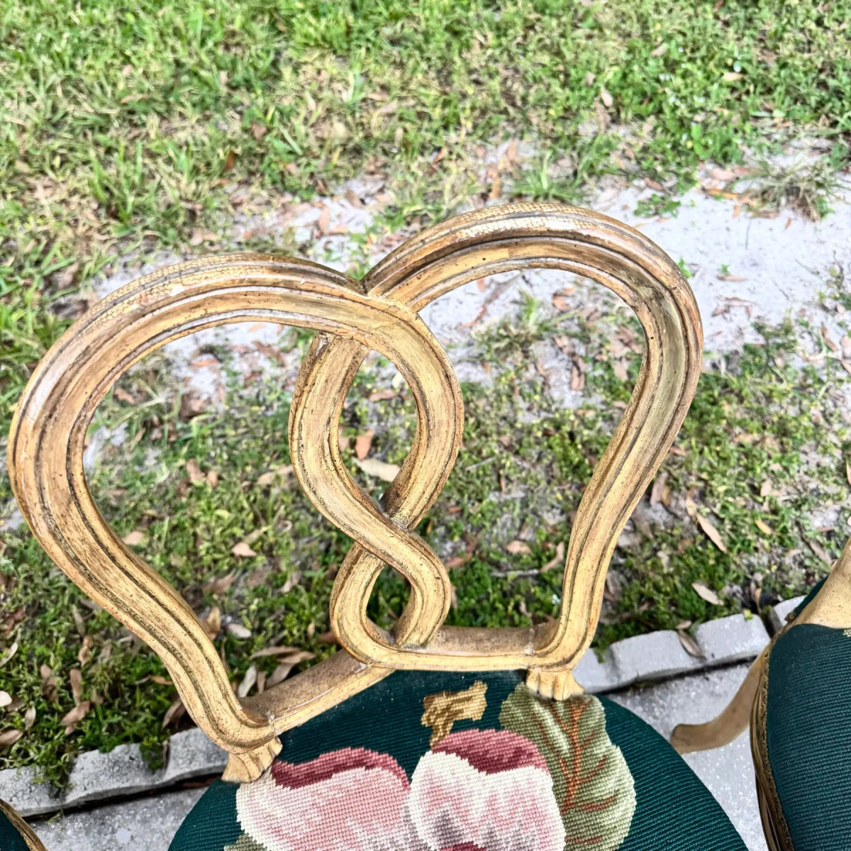 Vintage Rococo Style Wooden Floral Needlepoint Dining Chairs - Set of 5 - Dolphin & Flamingo