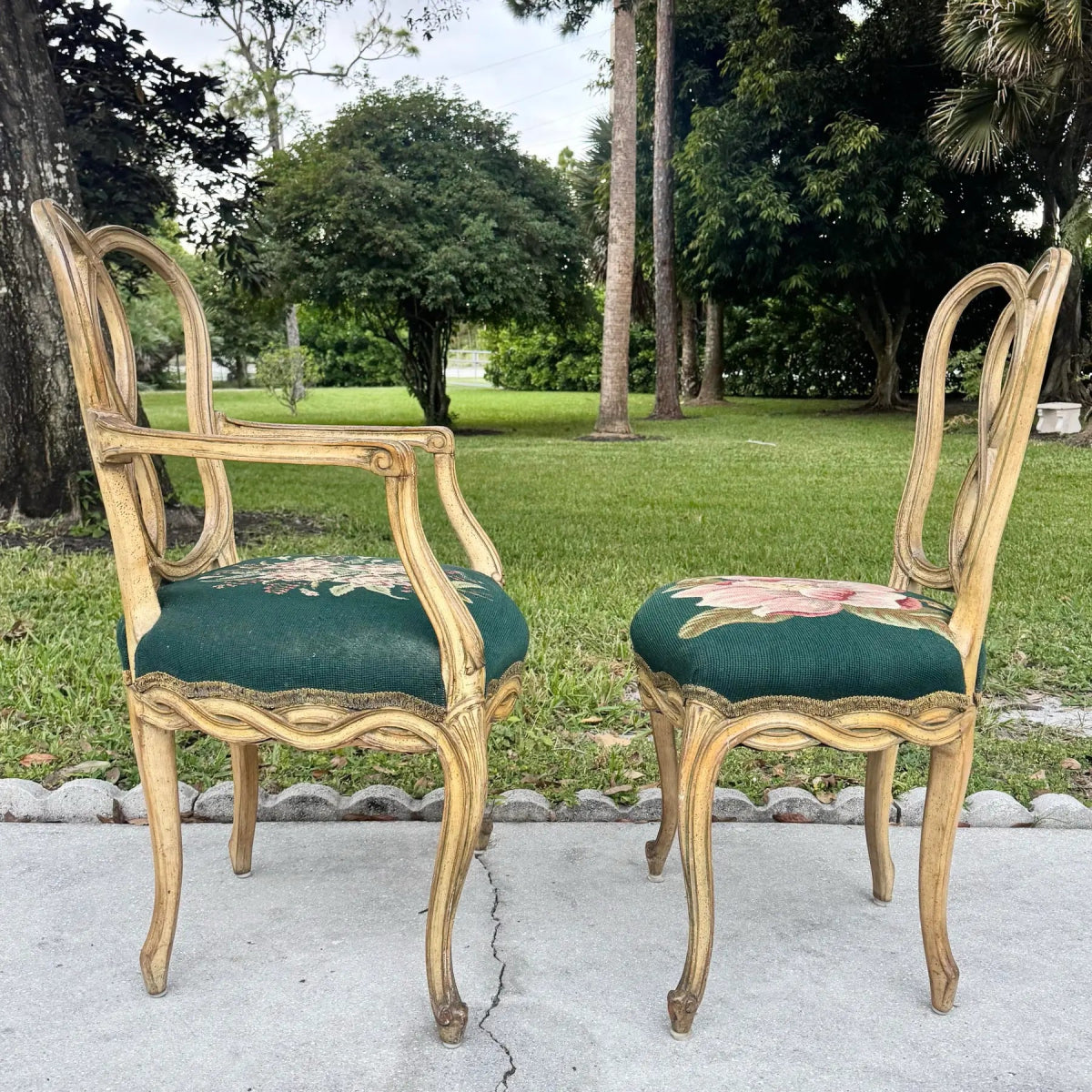 Vintage Rococo Style Wooden Floral Needlepoint Dining Chairs - Set of 5 - Dolphin & Flamingo