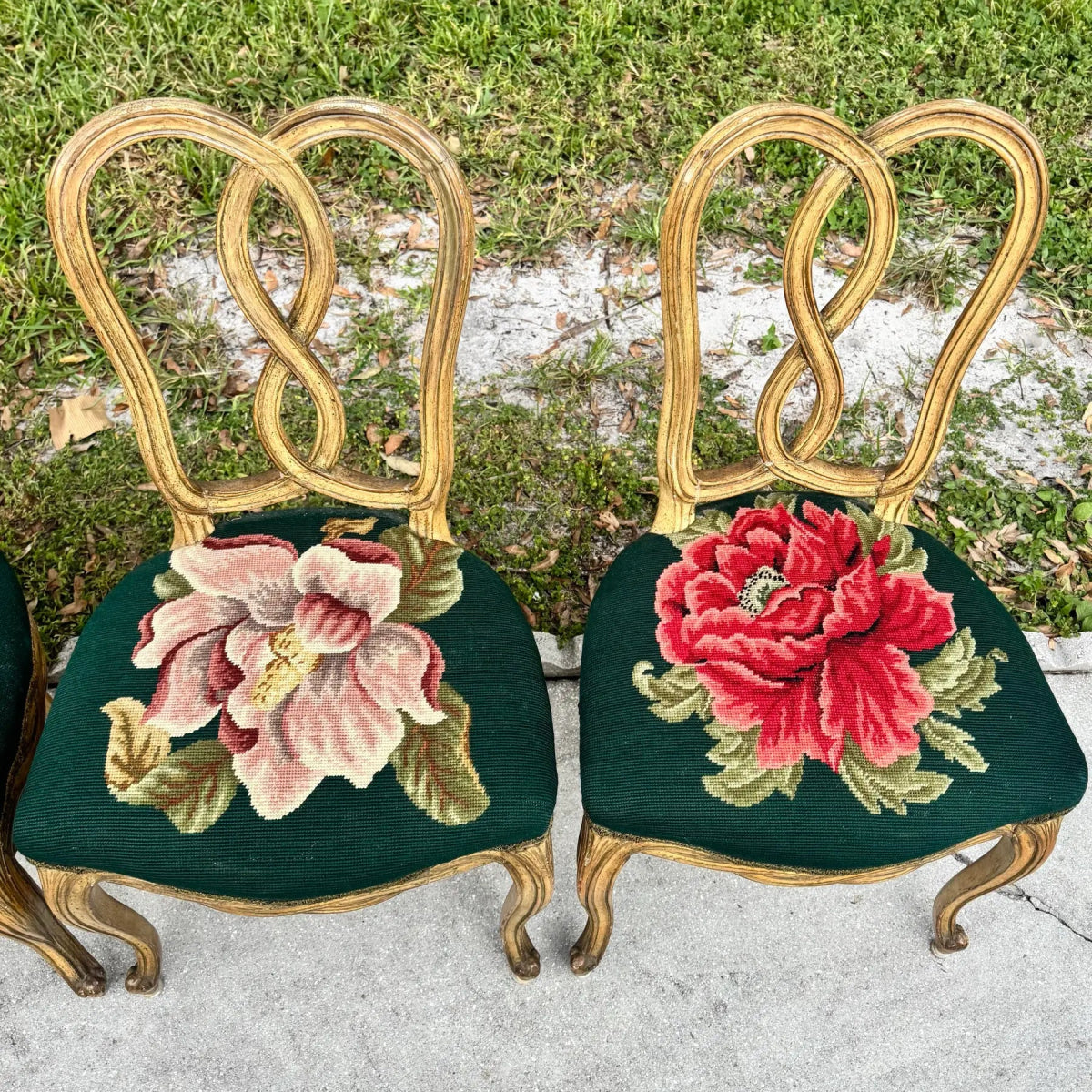 Vintage Rococo Style Wooden Floral Needlepoint Dining Chairs - Set of 5 - Dolphin & Flamingo