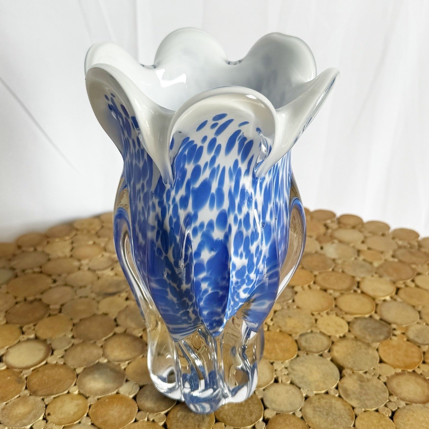 Vintage Royal Gallery Hand Blown Blue and White Glass Vase - Dolphin & Flamingo