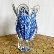 Vintage Royal Gallery Hand Blown Blue and White Glass Vase - Dolphin & Flamingo