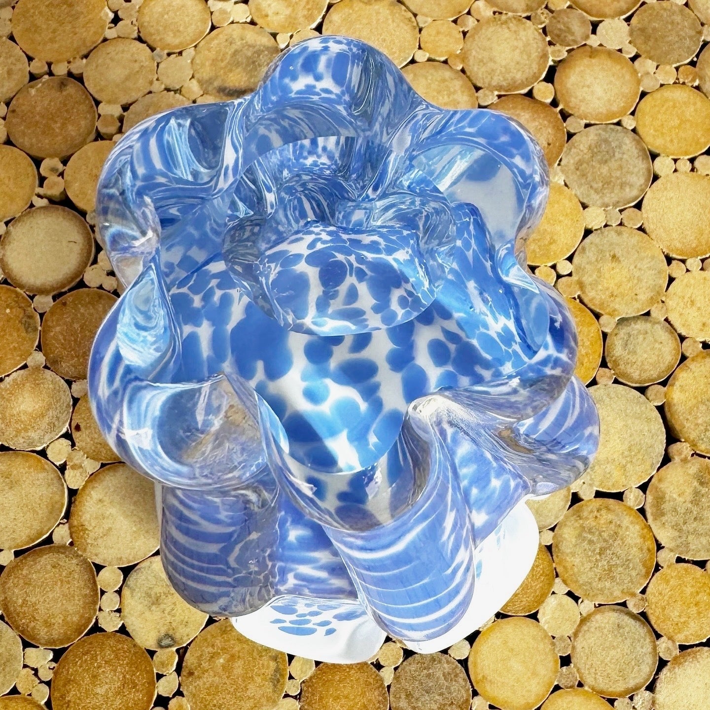 Vintage Royal Gallery Hand Blown Blue and White Glass Vase - Dolphin & Flamingo
